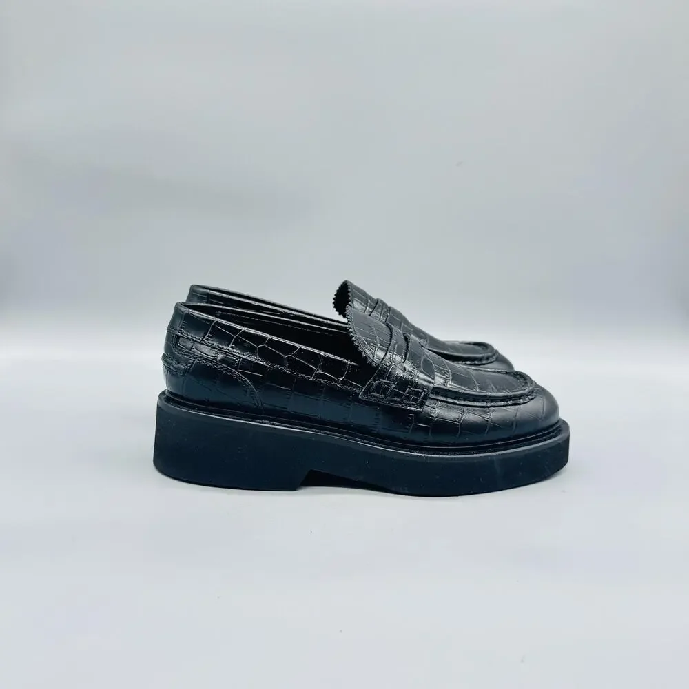 Aquatalia Shoes Womens 5.5 Black Croc Embossed Leather Slip On Penny Loafer
